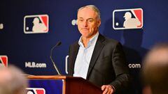 (FILES) In this file photo taken on February 10, 2022 Major League Baseball Commissioner Rob Manfred answers questions during an MLB owner&#039;s meeting at the Waldorf Astoria in Orlando, Florida. - Major League Baseball cancelled three more days of pre-