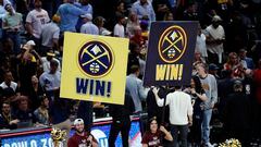 May 18, 2023; Denver, Colorado, USA; Denver Nuggets cheerleaders celebrate with signs after the win against the Los Angeles Lakers in game two of the Western Conference Finals for the 2023 NBA playoffs at Ball Arena. Mandatory Credit: Isaiah J. Downing-USA TODAY Sports