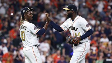 HOUSTON, TEXAS - MARCH 31: Yordan Alvarez #44 of the Houston Astros high fives Rafael Montero #47 after defeating the Chicago White Sox at Minute Maid Park on March 31, 2023 in Houston, Texas.   Bob Levey/Getty Images/AFP (Photo by Bob Levey / GETTY IMAGES NORTH AMERICA / Getty Images via AFP)