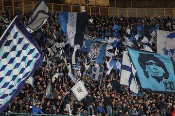Napoli's fans cheer during the Italian Serie A football match SSC Napoli vs Juventus FC on April 2, 2017 at the San Paolo Stadium.