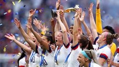 Megan Rapinoe of the USA lifts the Women's World Cup trophy after her side's final win over the Netherlands on Sunday.