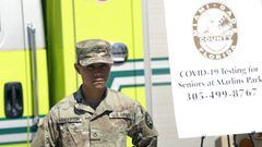 24 March 2020, US, Miami: A Member of the Florida Army National Guard at the coronavirus (COVID-19) drive-through testing center at Marlins Park as the coronavirus pandemic continues. Photo: David Santiago/TNS via ZUMA Wire/dpa
 
 
 24/03/2020 ONLY FOR US