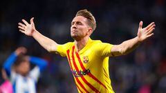 BARCELONA, SPAIN - FEBRUARY 13: Luuk De Jong of FC Barcelona celebrates scoring his teams second goal during the LaLiga Santander match between RCD Espanyol and FC Barcelona at RCDE Stadium on February 13, 2022 in Barcelona, Spain. (Photo by Eric Alonso/G