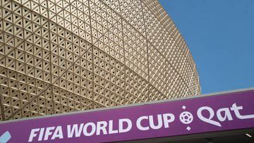 LUSAIL CITY, QATAR - NOVEMBER 22:  A detail view of signage again the gold exterior of the Lusail Stadium  during the FIFA World Cup Qatar 2022 Group C match between Argentina and Saudi Arabia at Lusail Stadium on November 22, 2022 in Lusail City, Qatar. (Photo by Matthew Ashton - AMA/Getty Images)