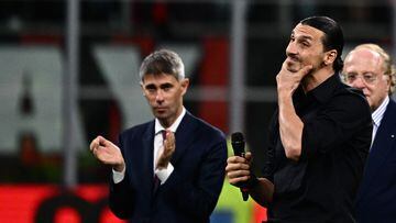 AC Milan's Swedish forward Zlatan Ibrahimovic reacts during a farewell ceremony following the Italian Serie A football match between AC Milan and Hellas Verona on June 4, 2023 at the San Siro stadium in Milan. Zlatan Ibrahimovic's time at AC Milan is coming to an end after the Serie A club announced on June 3 that he would say his farewells following their last match of the season against Verona. (Photo by GABRIEL BOUYS / AFP)