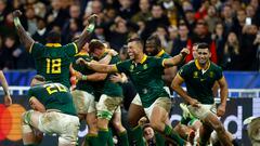 Rugby Union - Rugby World Cup 2023 - Final - New Zealand v South Africa - Stade de France, Saint-Denis, France - October 28, 2023  South Africa's Handre Pollard and Damian de Allende celebrate with teammates after winning the world cup final REUTERS/Sarah Meyssonnier