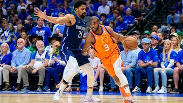 May 8, 2022; Dallas, Texas, USA; Phoenix Suns guard Chris Paul (3) drives to the basket past Dallas Mavericks guard Spencer Dinwiddie (26) during the second quarter during game four of the second round for the 2022 NBA playoffs at American Airlines Center. Mandatory Credit: Jerome Miron-USA TODAY Sports