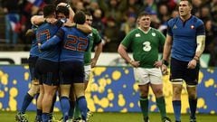 France&#039;s prop Rabah Slimani (L) and France&#039;s fly-half Jean Marc Doussain (3rd L) and  teammates celebrate after France defeated Ireland 10-9 in their Six Nations international rugby union match on February 13, 2016 at the Stade de France in Sain