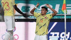 Luis D&iacute;az celebrando su primer gol con Selecci&oacute;n Colombia ante Corea del Sur.