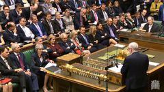 A video grab from footage broadcast by the UK Parliament&#039;s Parliamentary Recording Unit (PRU) shows Opposition Labour party leader Jeremy Corbyn (R) speaking during Britain&#039;s Prime Minister Theresa May&#039;s (3L) statement on Britain&#039;s res