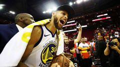 HOUSTON, TX - MAY 28: Stephen Curry #30 of the Golden State Warriors reacts after they defeated the Houston Rockets 101 to 92 in Game Seven of the Western Conference Finals of the 2018 NBA Playoffs at Toyota Center on May 28, 2018 in Houston, Texas. NOTE 