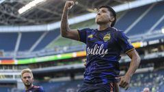 SEATTLE, WA - AUGUST 10: Raul Ruidiaz #9 of Seattle Sounders FC celebrates after scoring a goal on a penalty kick during the first half of a match against Tigres UANL at Lumen Field on August 10, 2021 in Seattle, Washington.   Stephen Brashear/Getty Image