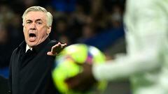 Real Madrid's Italian coach Carlo Ancelotti reacts during the Spanish league football match between Real Madrid CF and Valencia CF at the Santiago Bernabeu stadium in Madrid on February 2, 2023. (Photo by JAVIER SORIANO / AFP)