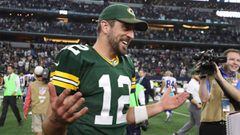 Oct 8, 2017; Arlington, TX, USA; Green Bay Packers quarterback Aaron Rodgers (12) celebrates a victory after the game against the Dallas Cowboys at AT&amp;T Stadium. Mandatory Credit: Matthew Emmons-USA TODAY Sports