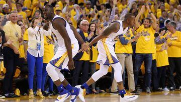 Draymond Green and Andre Iguodala celebrate the Warriors triumph in the second game against the Portland Trail Blazers.