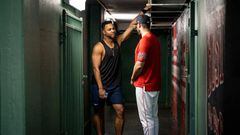 BOSTON, MA - JULY 29: Xander Bogaerts #2 and J.D. Martinez #28 of the Boston Red Sox talks in the batting tunnel ahead of a game against the Milwaukee Brewers on July 29, 2022 at Fenway Park in Boston, Massachusetts. (Photo by Maddie Malhotra/Boston Red Sox/Getty Images)