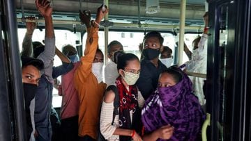 Commuters wearing protective masks travel in a passenger bus, amidst the coronavirus disease (COVID-19) outbreak, in Ahmedabad, India, September 11, 2020. REUTERS/Amit Dave