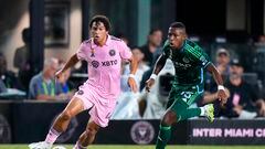 Sep 30, 2023; Fort Lauderdale, Florida, USA; Inter Miami CF midfielder David Ruiz (41) controls the ball while defended by New York City FC midfielder Andres Perea (15) during the first half at DRV PNK Stadium. Mandatory Credit: Rich Storry-USA TODAY Sports