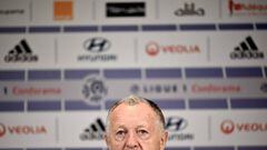 Olympique Lyonnais president Jean Michel Aulas looks on during a press conference at the Groupama stadium in Decines-Charpieu, near Lyon, central eastern France, on February 13, 2020. (Photo by JEFF PACHOUD / AFP)