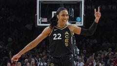 LAS VEGAS, NEVADA - AUGUST 11: A'ja Wilson #22 of the Las Vegas Aces reacts after scoring and drawing a foul against the Washington Mystics in the third quarter of their game at Michelob ULTRA Arena on August 11, 2023 in Las Vegas, Nevada. The Aces defeated the Mystics 113-89. NOTE TO USER: User expressly acknowledges and agrees that, by downloading and or using this photograph, User is consenting to the terms and conditions of the Getty Images License Agreement.   Ethan Miller/Getty Images/AFP (Photo by Ethan Miller / GETTY IMAGES NORTH AMERICA / Getty Images via AFP)