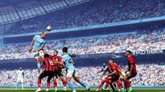 MANCHESTER, ENGLAND - AUGUST 13: Erling Haaland of Manchester City jumps for a header during the Premier League match between Manchester City and AFC Bournemouth at Etihad Stadium on August 13, 2022 in Manchester, United Kingdom. (Photo by Robbie Jay Barratt - AMA/Getty Images)
