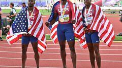 (L to R) Bronze medalist Trayvon Bromell of United States, gold medalist Fred Kerley of United States and silver medalist Marvin Bracy of United States pose after the 100 Meter final during the 18th edition of the World Athletics Championships at Hayward Field in Eugene, Oregon.