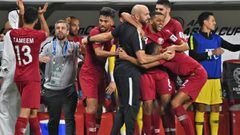 Qatar&#039;s players celebrate their forth goal during the 2019 AFC Asian Cup semi-final football match between Qatar and UAE at the Mohammed Bin Zayed Stadium in Abu Dhabi on January 29, 2019. 