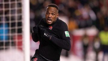 Cyle Larin celebrates his goal 1-0 of Canada during the game Canada vs Mexico, corresponding to CONCACAF World Cup Qualifiers road to the FIFA World Cup Qatar 2022, at Commonwealth Stadium, on November 16, 2021.  &lt;br&gt;&lt;br&gt;  Cyle Larin celeb