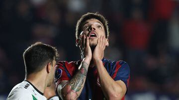 San Lorenzo's midfielder Agustin Martegani gestures during the Copa Sudamericana group stage second leg football match between Argentina's San Lorenzo and Chile's Palestino at the Pedro Bidegain stadium in Buenos Aires on June 8, 2023. (Photo by Alejandro PAGNI / AFP)