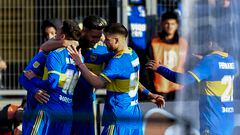 LA PLATA, ARGENTINA - JULY 16: Miguel Merentiel of Boca Juniors celebrates with teammates after scoring the team's first goal during a match between Gimnasia y Esgrima La Plata and Boca Juniors as part of Liga Profesional 2023 at Juan Carmelo Zerillo Stadium on July 16, 2023 in La Plata, Argentina. (Photo by Marcelo Endelli/Getty Images)