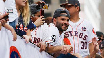HOUSTON, TX - NOVEMBER 03: Jose Altuve of the Houston Astros looks out at the crowd during the Houston Astros Victory Parade on November 3, 2017 in Houston, Texas. The Astros defeated the Los Angeles Dodgers 5-1 in Game 7 to win the 2017 World Series.   Bob Levey/Getty Images/AFP == FOR NEWSPAPERS, INTERNET, TELCOS &amp; TELEVISION USE ONLY ==