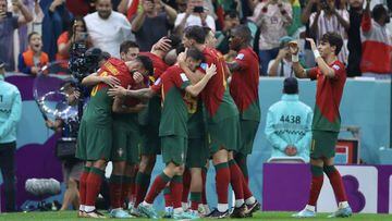 LUSAIL CITY, QATAR - DECEMBER 06: Players of Portugal celebrate after scoring a goal during the FIFA World Cup Qatar 2022 Round of 16 match between Portugal and Switzerland, at Lusail Stadium on December 06, 2022 in Lusail City, Qatar. (Photo by Fareed Kotb/Anadolu Agency via Getty Images)