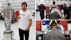 Fernando Alonso haci&eacute;ndose el asiento para la Indy 500 y posando con su trofeo.
