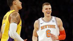 Dec 12, 2017; New York, NY, USA; New York Knicks forward Kristaps Porzingis (6) reacts during overtime against the Los Angeles Lakers at Madison Square Garden. Mandatory Credit: Adam Hunger-USA TODAY Sports