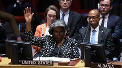 U.S. Ambassador to the United Nations Linda Thomas-Greenfield votes against a Brazil-sponsored draft resolution during a meeting of the United Nations Security Council on the conflict between Israel and Hamas at U.N. headquarters in New York, U.S., October 18, 2023. REUTERS/Mike Segar     TPX IMAGES OF THE DAY