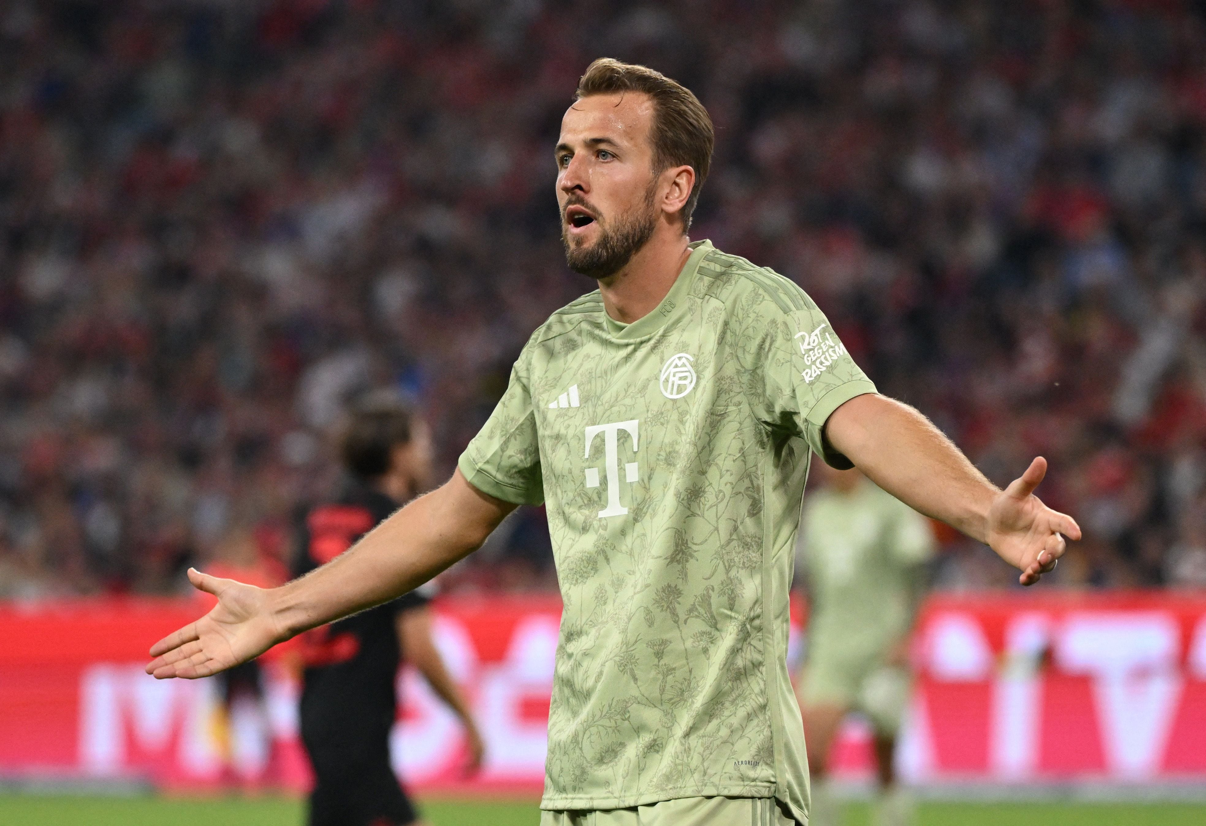 Soccer Football - Bundesliga - Bayern Munich v Bayer Leverkusen - Allianz Arena, Munich, Germany - September 15, 2023 Bayern Munich's Harry Kane reacts REUTERS/Angelika Warmuth DFL REGULATIONS PROHIBIT ANY USE OF PHOTOGRAPHS AS IMAGE SEQUENCES AND/OR QUASI-VIDEO.