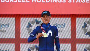 JEBEL JAIS, UNITED ARAB EMIRATES - FEBRUARY 22: Einer Augusto Rubio Reyes of Colombia and Movistar Team celebrates at podium as stage winner during the 5th UAE Tour 2023, Stage 3 a 185km stage from Umbrella Beach Al Fujairah to Jebel Jais 1489m / #UAETour / #UCIWT / on February 22, 2023 in Jebel Jais, United Arab Emirates. (Photo by Dario Belingheri/Getty Images)