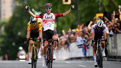 MONTREAL, QUEBEC - SEPTEMBER 11: Tadej Pogacar of Slovenia and UAE Team Emirates celebrates winning ahead of Wout Van Aert of Belgium and Team Jumbo - Visma, Andrea Bagioli of Italy and Team Quick-Step - Alpha Vinyl during the 11th Grand Prix Cycliste de Montreal 2022 a 221km one day race from Montreal to Montreal / #GPCQM / #WorldTour / on September 11, 2022 in Montreal, Quebec. (Photo by Dario Belingheri/Getty Images,)