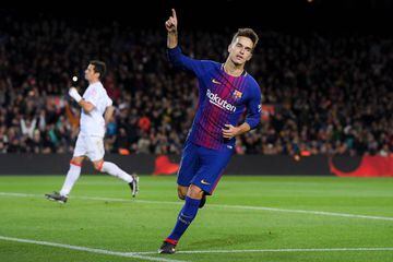 Denis Suarez of FC Barcelona celebrates after scoring his team's fourth goal during the Copa del Rey against Real Murcia.