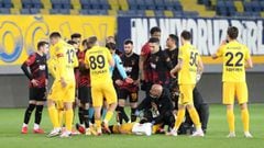 An Ankaragucu players is treated by medical staff after being fouled during the Turkish Super Lig week 28 football match between MKE Ankaragucu and Galatasaray at Eryaman Stadium in Ankara, on March 3, 2021. (Photo by Adem ALTAN / AFP)