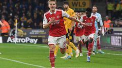 WOLVERHAMPTON, ENGLAND - NOVEMBER 12: Martin Odegaard celebrates scoring the 1st Arsenal goal during the Premier League match between Wolverhampton Wanderers and Arsenal FC at Molineux on November 12, 2022 in Wolverhampton, England. (Photo by Stuart MacFarlane/Arsenal FC via Getty Images)
