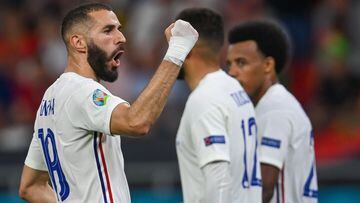 23 June 2021, Hungary, Budapest: France&#039;s Karim Benzema celebrates scoring his side&#039;s first goal during the UEFA EURO 2020 Group F soccer match between Portugal and France at the Puskas Arena. Photo: Robert Michael/dpa-Zentralbild/dpa 23/06/2021 ONLY FOR USE IN SPAIN
