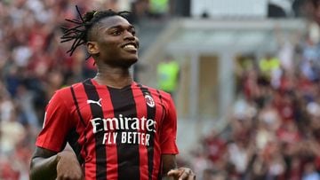 (FILES) In this file photo taken on May 15, 2022 AC Milan's Portuguese forward Rafael Leao reacts after scoring the first goal of the match during the Italian Serie A football match between AC Milan and Atalanta Bergamo at the San Siro stadium in Milan. (Photo by MIGUEL MEDINA / AFP)