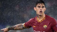 AS Roma&#039;s Argentinian forward Diego Perotti reacts during the UEFA Europa League Group J football match AS Roma vs Borussia Moenchengladbach on October 24, 2019 at the Olympic stadium in Rome. (Photo by Filippo MONTEFORTE / AFP)
