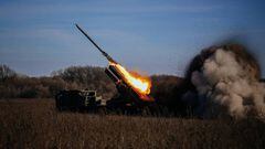 A self-propelled 220 mm multiple rocket launcher "Bureviy" fires towards Russian positions on the front line, eastern Ukraine on November 29, 2022, amid the Russian invasion of Ukraine. (Photo by ANATOLII STEPANOV / AFP) (Photo by ANATOLII STEPANOV/AFP via Getty Images)