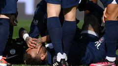 Paris Saint-Germain's Brazilian forward Neymar reacts to an injury following a contact with Lille's French midfielder Benjamin Andre (unseen) during the French L1 football match between Paris Saint-Germain (PSG) and Lille LOSC at The Parc des Princes Stadium in Paris on February 19, 2023. (Photo by FRANCK FIFE / AFP)