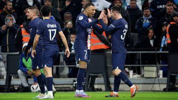 MARSEILLE, FRANCE - FEBRUARY 26: Lionel Messi #30 of Paris Saint-Germain celebrate his first goal with Kylian Mbappe #7 during the Ligue 1 match between Olympique Marseille and Paris Saint-Germain at Orange Velodrome on February 26, 2023 in Marseille, France. (Photo by Xavier Laine/Getty Images)