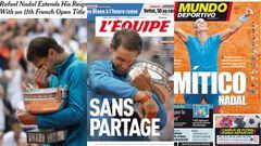El New York Times, L&#039;&Eacute;quipe y el Mundo Deportivo le dedican sus portadas a Rafa Nadal y su und&eacute;cimo t&iacute;tulo en Roland Garros.
