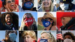 (COMBO) This combination of pictures created on November 01, 2020 shows supporters of US President Donald Trump and Democratic presidential candidate Joe Biden during various campaign rallies in key states between October 29-31, 2020. - Trump was visiting