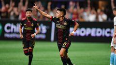 ATLANTA, GA  MAY 15:  Atlanta midfielder Thiago Almada (8) reacts after scoring a first-half goal during the MLS match between the New England Revolution and Atlanta United FC on May 15th, 2022 at Mercedes-Benz Stadium in Atlanta, GA.  (Photo by Rich von Biberstein/Icon Sportswire via Getty Images)